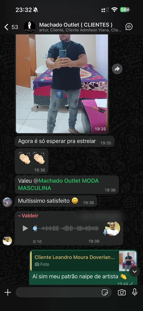 Mensagem no grupo de clientes: Leandro Moura vestindo a calça que comprou