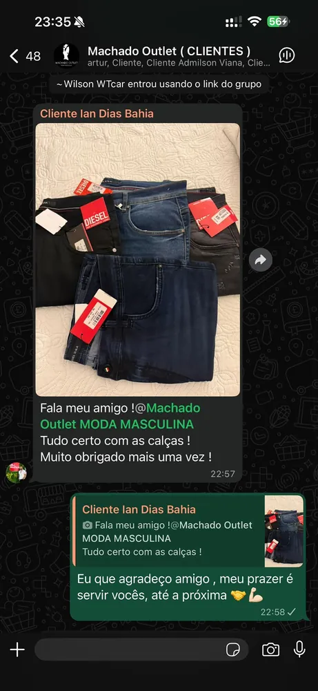 Mensagem no grupo de clientes: Ian Dias confirmando que recebeu as calças